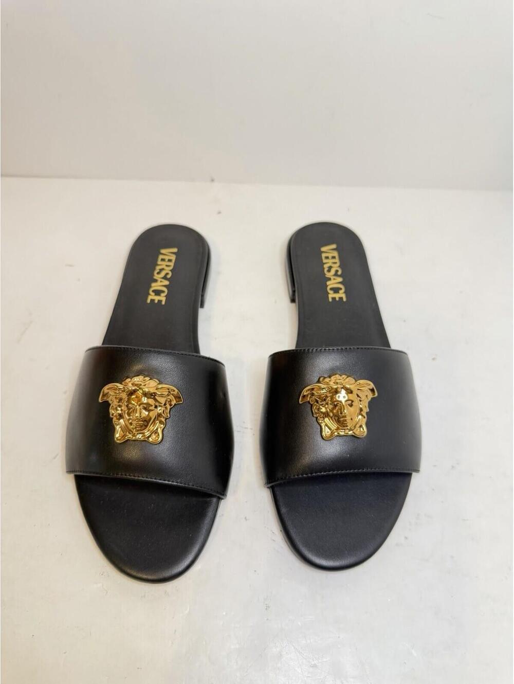 Versace Medusa Leather Slide Sandals Black Gold Flat Slides EU 37 New